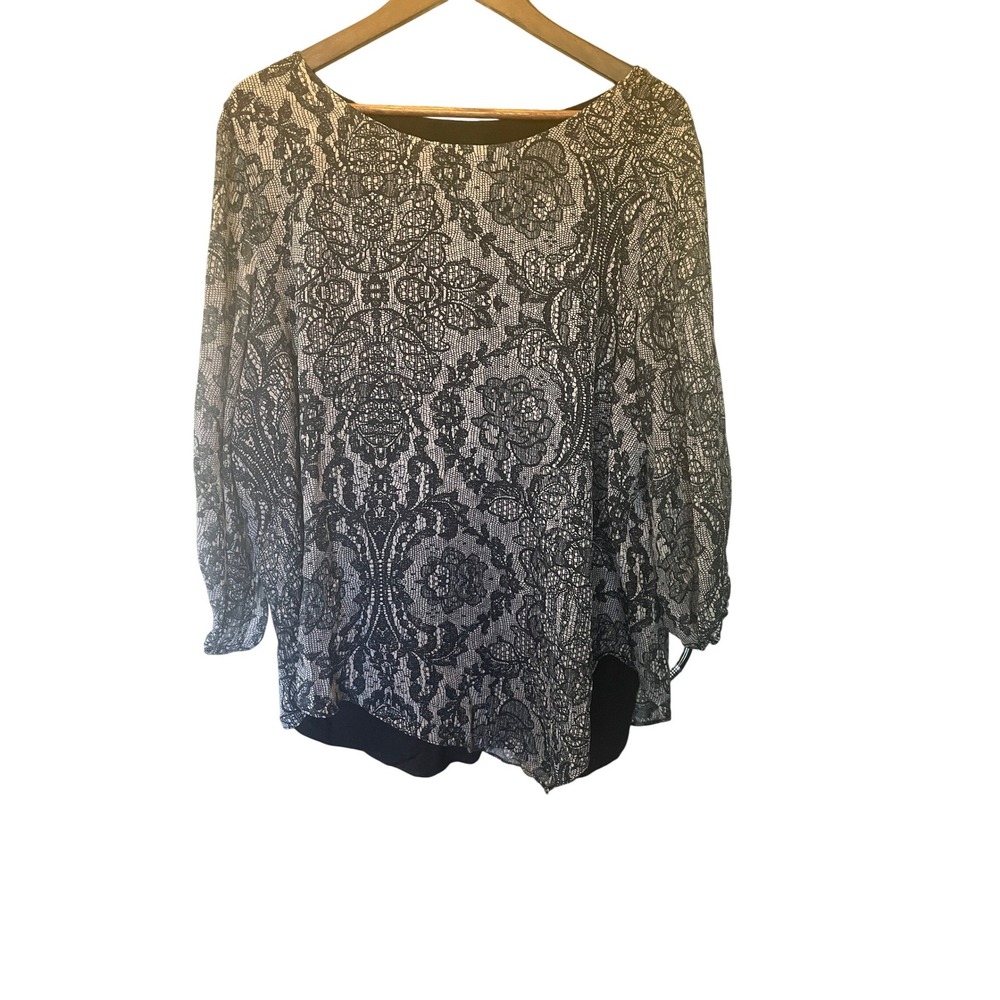 Womens Dark Floral Gothic Lace Print Layered Blouse Size 1X Asymmetrical Hem